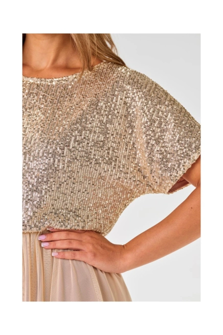 Koktajlowa sukienka na wesele rozkloszowana z cekinami beż