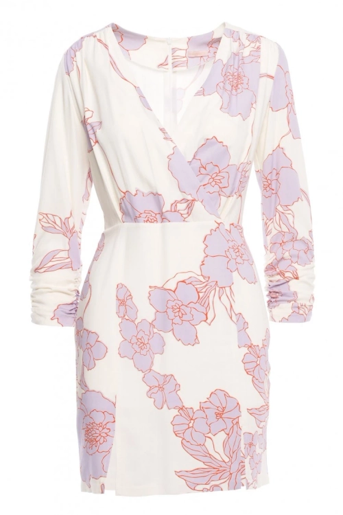 Ołówkowa sukienka mini w kwiaty z kopertową górą ecru kremowa