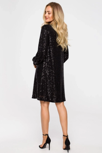 Sukienka cekinowa trapezowa z paskiem błyszcząca czarna
