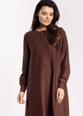 Sukienka rozkloszowana z długim rękawem i paskiem brązowa