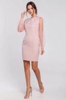 Sukienka na wesele wieczorowa z bufiastymi rękawami z siateczki różowa