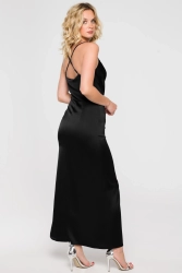 Długa sukienka wieczorowa satynowa na ramiączkach czarna