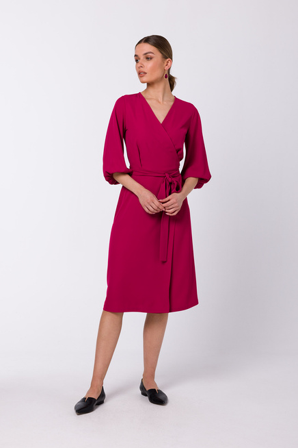 Sukienka elegancka kopertowa z bufiastymi rękawami śliwka