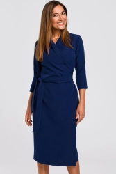 Elegancka sukienka biznesowa kopertowa midi z paskiem granat