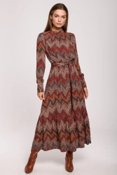 Długa sukienka BOHO z falbankami i długim rękawem czerwona