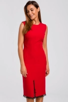 Elegancka sukienka ołówkowa midi rozcięcie na dole i koronka czerwona