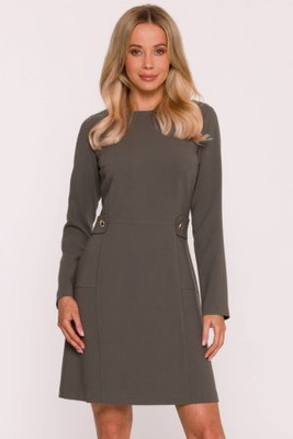 Elegancka sukienka trapezowa z patkami w talii khaki