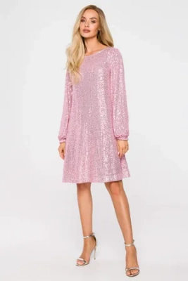 Sukienka cekinowa trapezowa z paskiem błyszcząca różowa