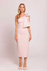 Elegancka sukienka ołówkowa na jedno ramię z kokardą j. beż