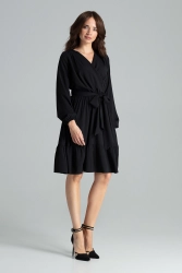 Sukienka boho rozkloszowana kopertowa midi z falbaną czarna