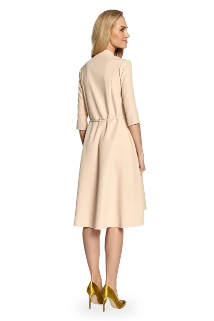 Sukienka trapezowa kopertowa z paskiem i kieszeniami beżowa