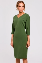 Sukienka ołówkowa zbluzowana góra i dekolt V zielona