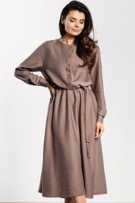 Elegancka sukienka rozkloszowana z długim rękawem taupe