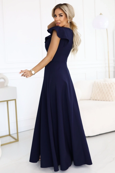 Długa sukienka wieczorowa rozkloszowana granatowa