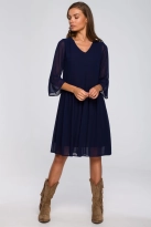 Sukienka wieczorowa szyfonowa z falbanami i dekoltem V granatowa