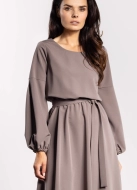 Elegancka sukienka rozkloszowana z długim rękawem taupe