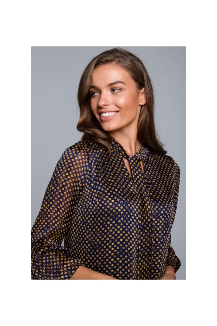 Sukienka rozkloszowana szyfonowa w groszki dekolt V granat