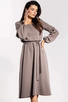 Elegancka sukienka rozkloszowana z długim rękawem taupe