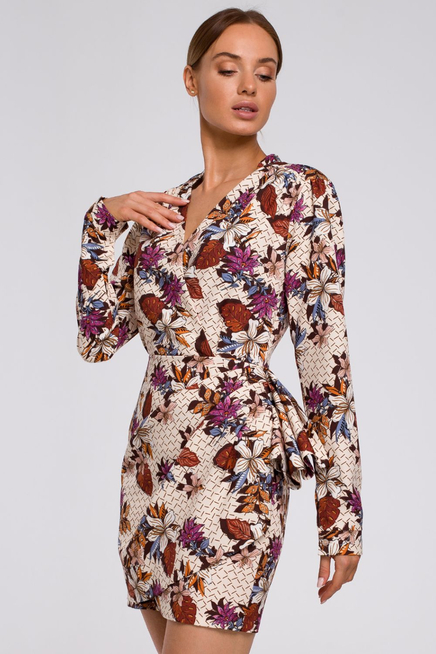 Elegancka sukienka z drapowaniem dekoltem V i modnym nadrukiem