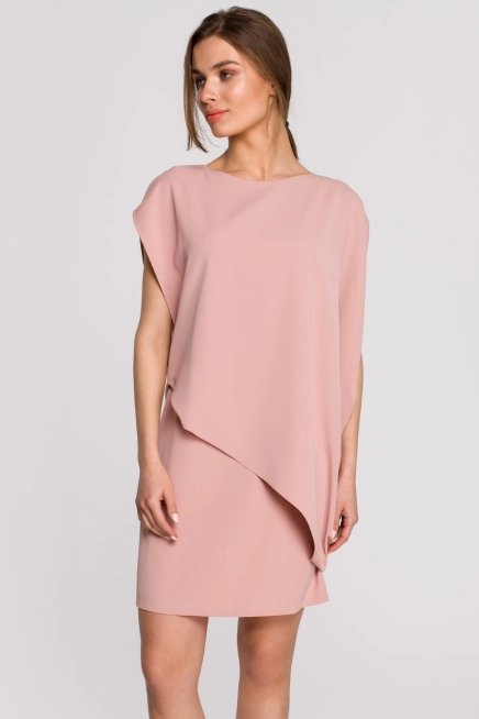 Elegancka sukienka z asymetryczną falbaną drapowana różowa