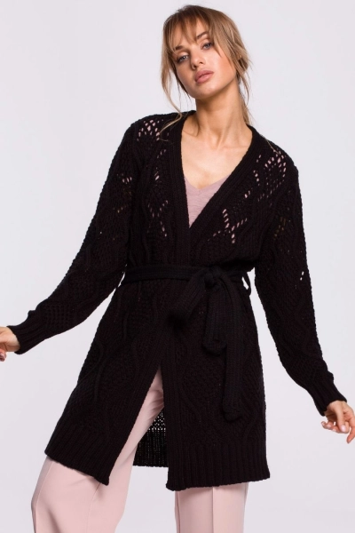 Długi kardigan ażurowy sweter z paskiem czarny