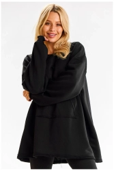 Bluza damska oversize długa z kieszenią kangurka czarna