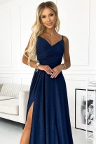 Długa sukienka na wesele rozkloszowana na ramiączkach granat