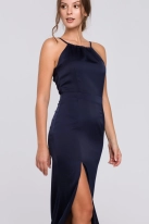 Długa sukienka wieczorowa na wesele błyszcząca halter neck granatowa