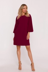 Elegancka sukienka trapezowa z bufiastymi rękawami bordowa