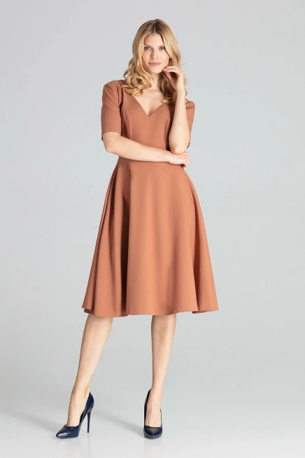 Rozkloszowana sukienka midi z dekoltem V brązowa