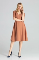 Rozkloszowana sukienka midi z dekoltem V brązowa