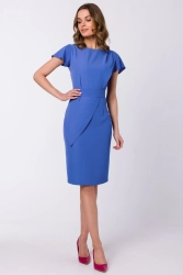 Elegancka ołówkowa sukienka z paskiem krótki rękaw niebieska