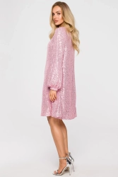 Sukienka cekinowa trapezowa z paskiem błyszcząca różowa
