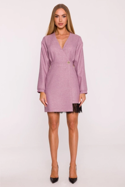 Elegancka sukienka tweedowa trapezowa kopertowa różowa