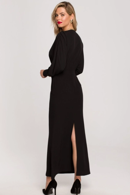 Długa wieczorowa sukienka rybka z bufiastymi rękawami czarna