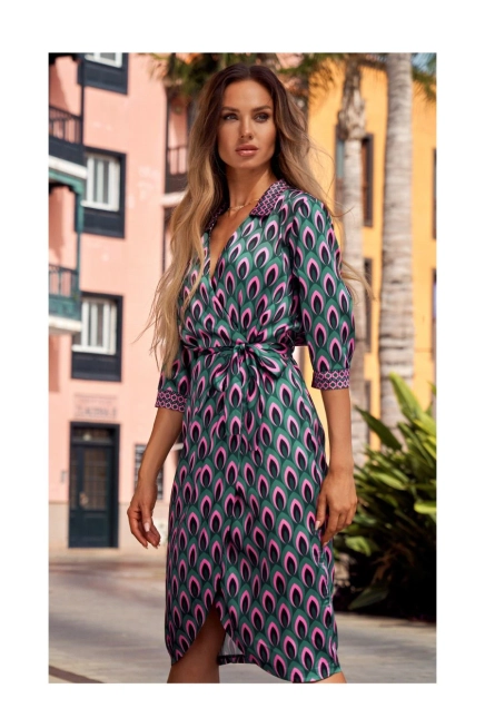 Satynowa sukienka kopertowa z dekoltem V i wiązaniem zielona