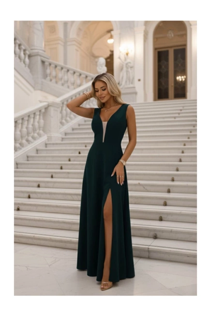 Długa sukienka wieczorowa rozkloszowana butelkowa zieleń