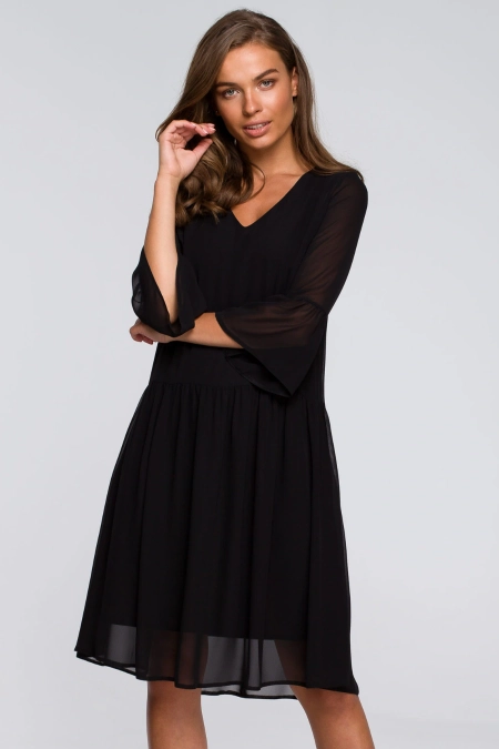 Sukienka wieczorowa szyfonowa z falbanami dekolt V czarna