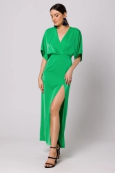 Długa sukienka z dekoltem V i rozcięciem kimonowa zielona