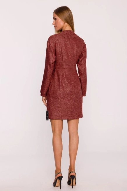 Elegancka sukienka tweedowa trapezowa kopertowa bordowa