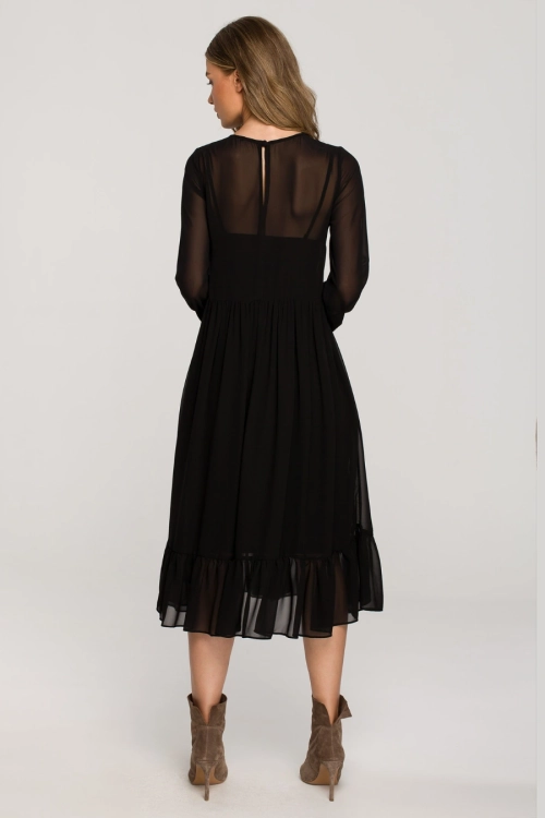 Sukienka wieczorowa szyfonowa rozkloszowana z falbaną czarna