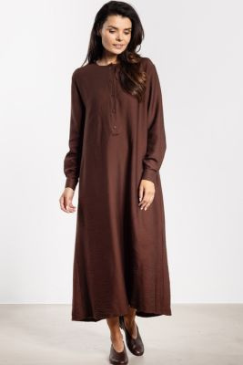 Elegancka sukienka rozkloszowana z długim rękawem brązowa