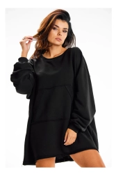 Bluza damska oversize długa z kieszenią kangurka czarna
