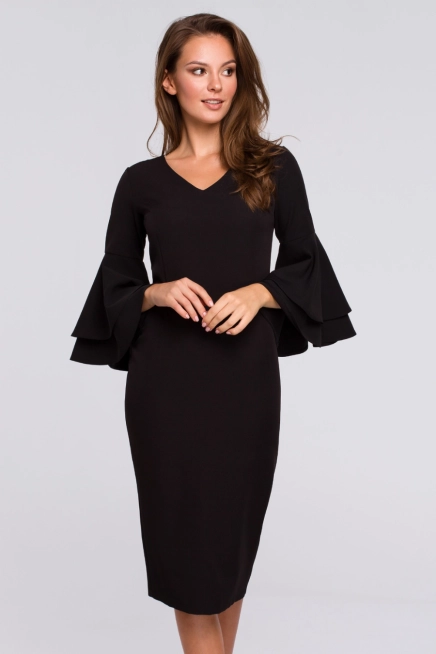 Ołówkowa sukienka wieczorowa z bufiastymi rękawami czarna