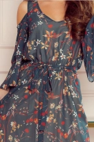 Sukienka szyfonowa w kwiaty z wycięciami na ramionach zielona