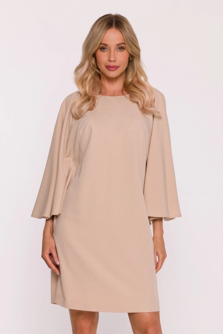 Elegancka sukienka trapezowa z bufiastymi rękawami beżowa