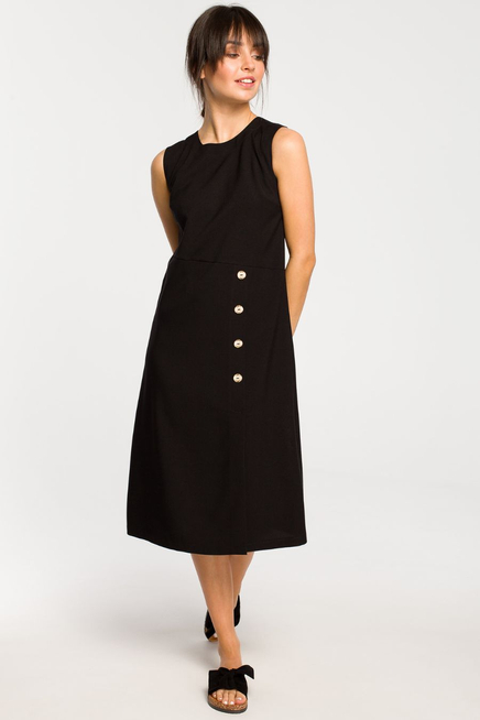 Lniana sukienka trapezowa na lato bez rękawów czarna z guzikami