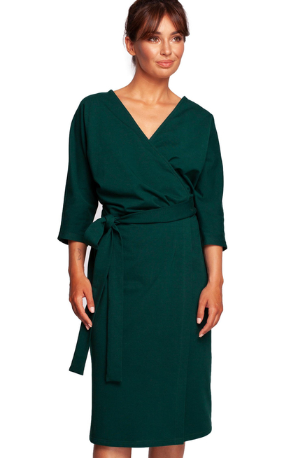 Sukienka kopertowa z wiązaniem w talii dekolt V butelkowa zieleń