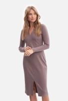 Bawełniana sukienka dzianinowa ołówkowa z dekoltem V kakao