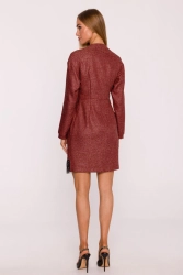 Elegancka sukienka tweedowa trapezowa kopertowa bordowa